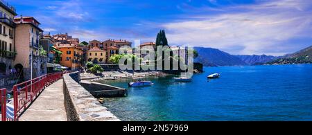 One of the most beautiful lakes of Italy - Lago di Como. panoramic view of beautiful Varenna village, popular tourist attraction Stock Photo