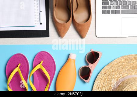 Flat lay composition with business items and beach accessories on color background. Concept of balance between work and life Stock Photo