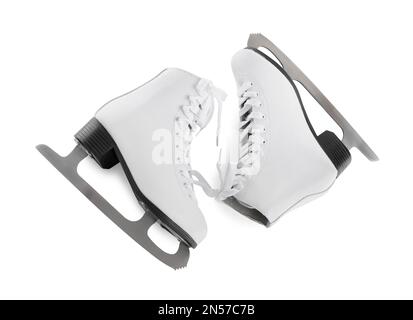 Pair of ice skates isolated on white, above view Stock Photo