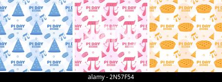 Set of Pi Day Seamless Pattern Design with Mathematical Constants or Baked Pie in Template Hand Drawn Cartoon Flat Illustration Stock Vector