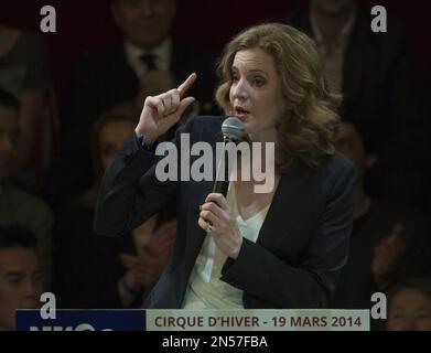 Nathalie Kosciusko-Morizet, the conservative UMP political party candidate for the upcoming election for the mayor of Paris, gestures as she speaks during a campaign meeting at a winter circus in Paris, Wednesday, March. 19, 2014. Municipal elections will take place on March 23 and 30 throughout France. (AP Photo/Jacques Brinon)