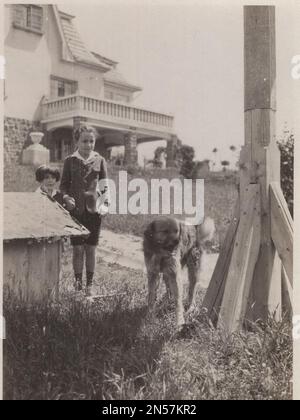 Vintage Photograph of a  young Girl and her pet Dog : Be aware with the dog! After the fence he is the boss! Big dog is watching someone sharkly. Behing him two children ( one little boy and his older sister ) the dog looks like protecting them. There is a very nice villa behind the photo. Stock Photo