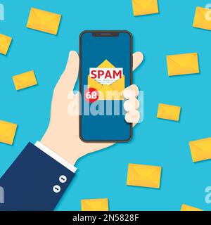 Spamming mailbox concept, a lot of emails on the screen of a smartphone. Email box hacking, spam warning. Flat vector Illustration Stock Vector