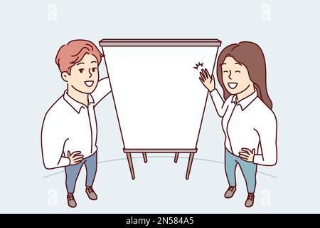 Man and woman office employees stand near empty flipchart carry out business presentation. Top view of guy and girl pointing with hands at sheet of paper for advertising services Stock Vector