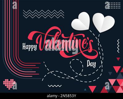 happy valentine day banner with retro calligraphy and love pink red modern abstract geometric background. Greeting card with valentine theme. Stock Vector