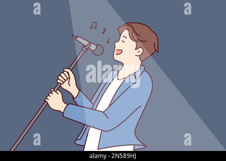 Man pop star sings song leaning back with microphone on tripod in hands during performance at concert. Happy guy performs popular song for own fans while standing in spotlight Stock Vector