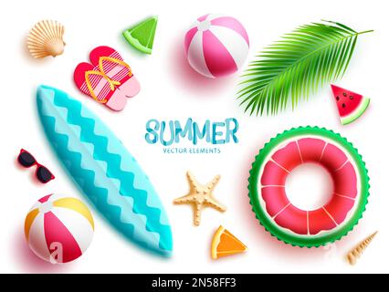 Summer vector element set. Summer beach elements floater, surfboard, beach ball, flipflop and sunglasses isolated. Vector illustration summer Stock Vector