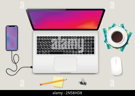 Smartphone, laptop, mouse, pencil, flash drive and coffee cup top view. Realistic gadgets mockup. Vector illustration. Stock Vector