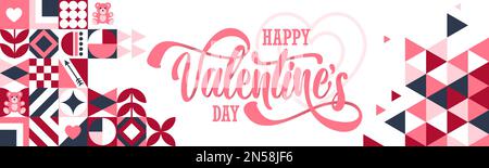 Happy valentines day typography banner with love pink theme geometric background. Valentines greeting card with icons like teddy bear, hearts. Stock Vector