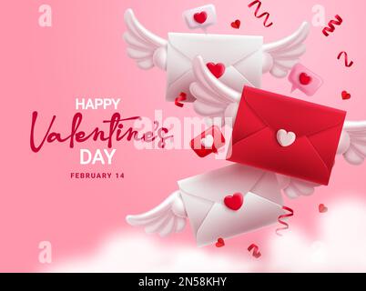 Valentines love letter vector design. Happy valentine's day text with flying love letter envelope romantic elements. Vector illustration valentine Stock Vector