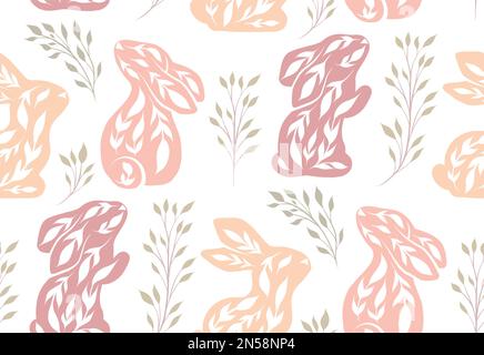 Vector seamless pattern with decorated rabbits and flowers. Nursery texture with folk art hares in pastel colors on white background. Childish Stock Vector