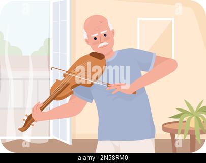 Senior citizen learning musical instrument 2D vector isolated illustration Stock Vector
