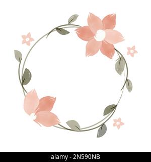 Watercolor hand painted frame with pink flowers, little green leaves and branches. Frame for wedding invitations, save the date or greeting cards Stock Vector