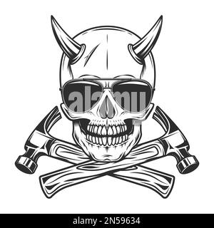 Viking skull with horns with construction hammer tools and sunglasses accessory to protect eyes from bright sun vintage isolated illustration Stock Photo