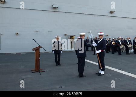 The halberd ceremony takes place on the amphibious helicopter carrier (PHA) Dixmude. The amphibious helicopter carrier (PHA) Dixmude and the frigate La Fayette, of the French Navy, left Toulon on Wednesday February 8, 2023 for the 14th Joan of Arc (Jeanne d’Arc) mission. After a ceremony presided over by General Thierry Burkhard, Chief of Staff of the French Armed Forces, the two ships set sail, under the sun but in a strong and cold easterly wind. Photo by Laurent Coust/ABACAPRESS.COM Stock Photo