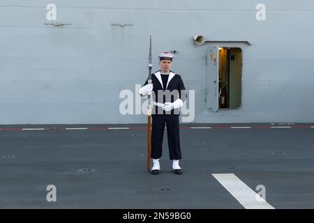 The halberd ceremony takes place on the amphibious helicopter carrier (PHA) Dixmude. The amphibious helicopter carrier (PHA) Dixmude and the frigate La Fayette, of the French Navy, left Toulon on Wednesday February 8, 2023 for the 14th Joan of Arc (Jeanne d’Arc) mission. After a ceremony presided over by General Thierry Burkhard, Chief of Staff of the French Armed Forces, the two ships set sail, under the sun but in a strong and cold easterly wind. Photo by Laurent Coust/ABACAPRESS.COM Stock Photo