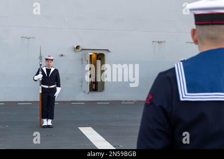 The halberd ceremony takes place on the amphibious helicopter carrier (PHA) Dixmude. The amphibious helicopter carrier (PHA) Dixmude and the frigate La Fayette, of the French Navy, left Toulon on Wednesday February 8, 2023 for the 14th Joan of Arc (Jeanne d’Arc) mission. After a ceremony presided over by General Thierry Burkhard, Chief of Staff of the French Armed Forces, the two ships set sail, under the sun but in a strong and cold easterly wind. Photo by Laurent Coust/ABACAPRESS.COM Stock Photo