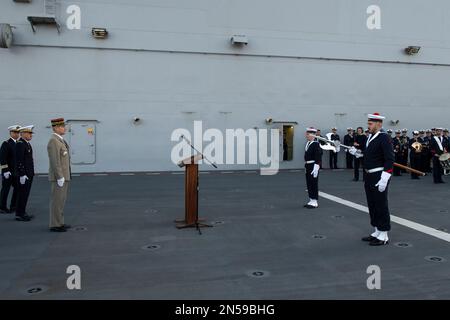 The halberd ceremony takes place on the amphibious helicopter carrier (PHA) Dixmude. The amphibious helicopter carrier (PHA) Dixmude and the frigate La Fayette, of the French Navy, left Toulon on Wednesday February 8, 2023 for the 14th Joan of Arc (Jeanne d’Arc) mission. After a ceremony presided over by General Thierry Burkhard, Chief of Staff of the French Armed Forces, the two ships set sail, under the sun but in a strong and cold easterly wind. Photo by Laurent Coust/ABACAPRESS.COM Stock Photo