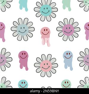 Yk2 fashion 2000s fashion seamless fabric design with cute flowers and smiling faces seamless design pattern Stock Vector