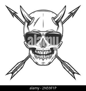 Skull with horn concept and sunglasses accessory to protect eyes from bright sun with crossed hunting arrow vintage isolated vector illustration Stock Vector