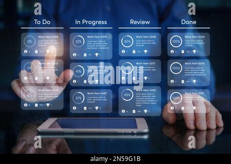 Agile software development or project management using kanban or scrum methodology boards on screen. Process, workflow, visual organisation tools and Stock Photo