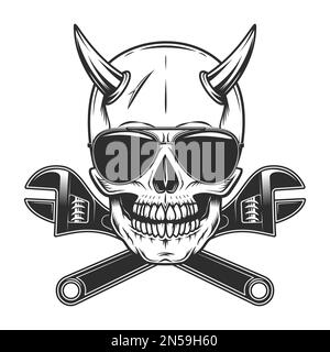 Viking skull with horns and sunglasses accessory to protect eyes from bright sun with construction plumbing wrench spanner tools vintage isolated Stock Vector
