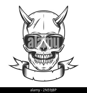 Skull with horn concept and ribbon with sunglasses accessory to protect eyes from bright sun vintage isolated vector illustration Stock Vector