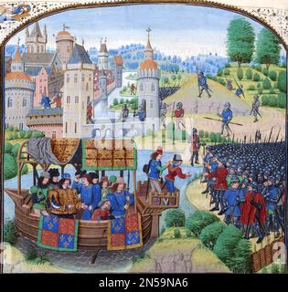 PEASANTS 'REVOLT   Richard II,  aboard the boat in a gold robe , meets the rebels  on 14 June 1381 in the painting from Froissart's Chronicles Stock Photo