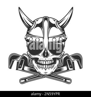 Viking skull in horned helmet with construction plumbing wrench spanner tools and sunglasses accessory to protect eyes from bright sun vintage Stock Vector