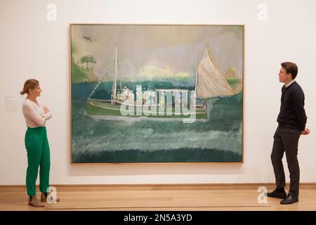 London, UK, 9 February 2022: British artist Peter Doig presents new and recent paintings at the Courtauld's Morgan Stanley Exhibition. Twelve works on canvas, plus a set of twenty engravings, showcase the work of the artist who has recently returned to London after living in Trinidad for almost two decades. 'House of Music (Soca Boat),' 2019-23 portrays Trinidadian fishermen. Anna Watson/Alamy Live News Stock Photo