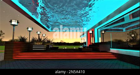 3D rendering of an outdoor patio lounge at night Stock Photo - Alamy