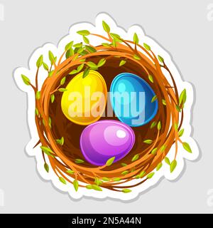 Vector Easter sticker, nest with colored eggs Stock Vector