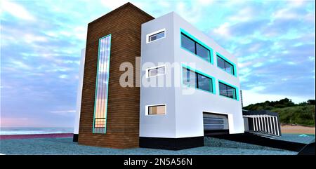 Low-rise suburban apartment building with white facade constructed on the sea shore on the sand empty beach. Garage with metal lifting gate. 3d render Stock Photo