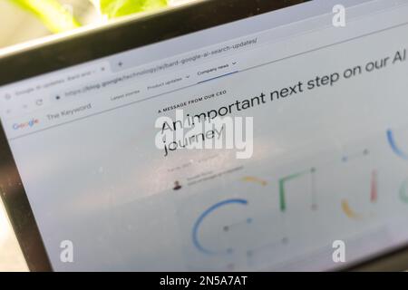 Google Bard VS OpenAI ChatGPT displayed on Mobile with Openai and Google logo on screen seen in this photo illustration. Kyiv, Ukraine - February 08 Stock Photo