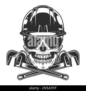 Skull in hardhat buider helmet with construction plumbing wrench spanner tools and sunglasses accessory to protect eyes from bright sun vintage Stock Vector