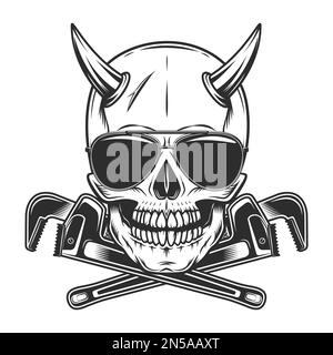 Viking skull with horns with construction plumbing wrench spanner tools and sunglasses accessory to protect eyes from bright sun vintage isolated Stock Vector