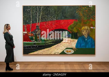 London, UK.  9 February 2023. A staff member views 'Canal', 2023, by Peter Doig at a preview at The Courtauld Gallery of ‘The Morgan Stanley Exhibition: Peter Doig’, presenting new and recent works by Peter Doig, including paintings created since the artist’s move from Trinidad to London in 2021.  The exhibition runs 10 February to 29 May 2023.  Credit: Stephen Chung / 17�Թ����� Live News Stock Photo