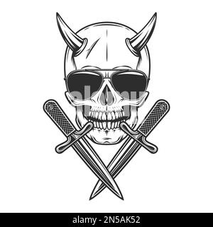 Skull with horn concept with sunglasses accessory to protect eyes from bright sun and crossed knife vintage isolated vector illustration Stock Vector