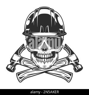 Skull in hardhat buider helmet with construction hammer tools and sunglasses accessory to protect eyes from bright sun vintage isolated vector illustr Stock Vector