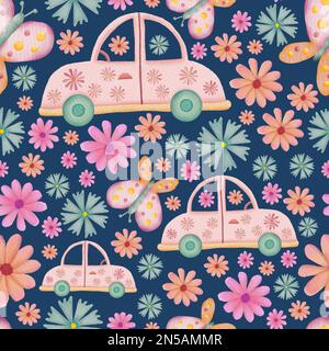 Cars, butterflies and flowers retro watercolor illustration seamless repeat pattern on dark blue background Stock Photo
