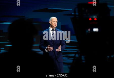 Munich, Germany. 09th Feb, 2023. Roland Busch, CEO of Siemens AG, stands on stage during the virtual Annual Shareholders' Meeting. Credit: Sven Hoppe/dpa/Alamy Live News Stock Photo