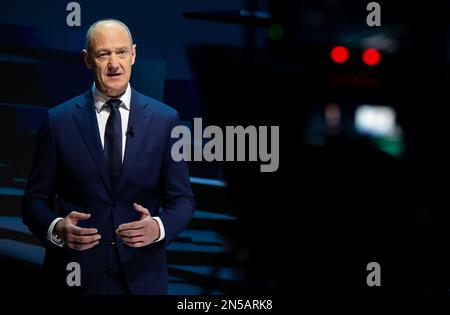 Munich, Germany. 09th Feb, 2023. Roland Busch, CEO of Siemens AG, stands on stage during the virtual Annual Shareholders' Meeting. Credit: Sven Hoppe/dpa/Alamy Live News Stock Photo