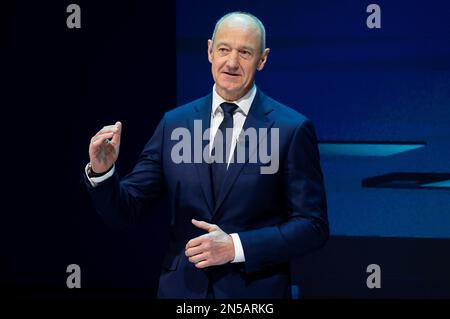 Munich, Germany. 09th Feb, 2023. Roland Busch, CEO of Siemens AG, stands on stage during the virtual Annual Shareholders' Meeting. Credit: Sven Hoppe/dpa/Alamy Live News Stock Photo