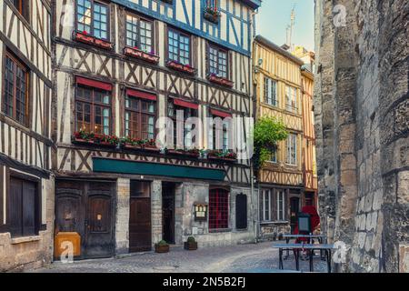 Old cozy street with timber framing houses in Rouen, Normandy, France. Architecture and landmarks of Rouen, Normandie Stock Photo