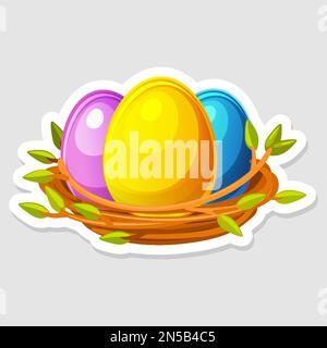 Vector Easter sticker, nest with colored eggs Stock Vector