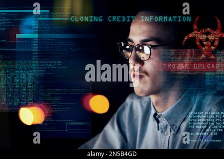 Cyber security, hacker and night with man and coding for software, digital transformation and phishing. Cloud computing, matrix and website with Stock Photo