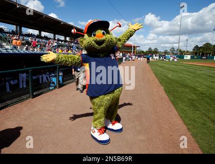 Houston Astros mascot Orbit entertains the crowd prior to an MLB baseball  game against the Seattle Mariners at Minute Maid Park on Monday April 22,  2013 in Houston, Texas. Seattle won 7-1. (