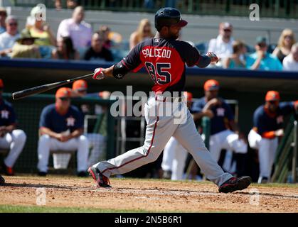 Houston Astros right fielder L.J. Hoes (28) bats in a spring exhibition  baseball game against the Atlanta Braves, Sunday, March 2, 2014, in  Kissimmee, Fla. The Astros won 7-4. (AP Photo/Alex Brandon