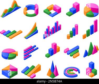 Isometric charts. Infographic 3D diagram, color chart graphs for business data or finance statistics presentation vector illustration set Stock Vector