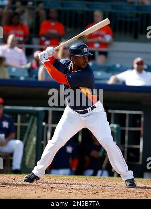 Houston Astros right fielder L.J. Hoes (28) bats in a spring exhibition  baseball game against the Atlanta Braves, Sunday, March 2, 2014, in  Kissimmee, Fla. The Astros won 7-4. (AP Photo/Alex Brandon
